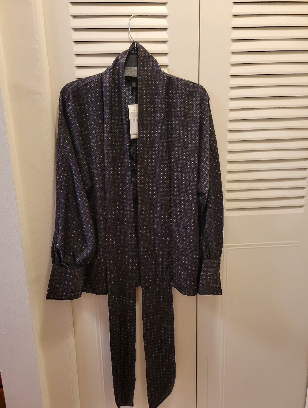 Banana Republic Dark Navy Patterned Tie-Neck Blouse